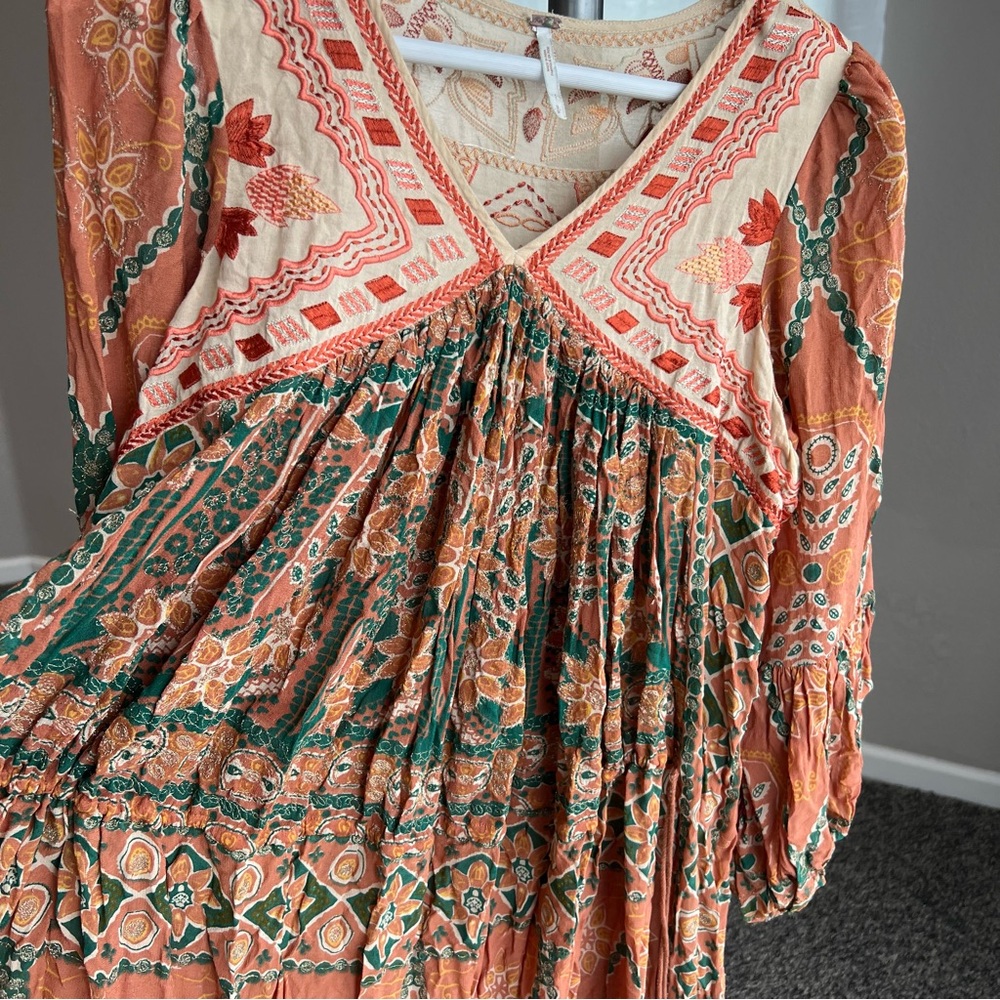 Free People Pink City Long Sleeve Floral Dress in Orange and Green - Picture 9 of 15